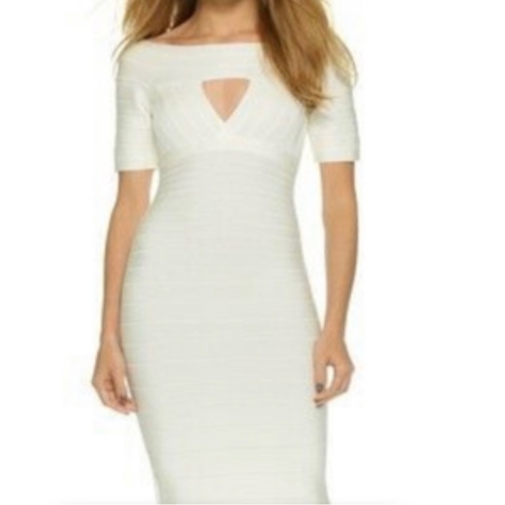 HERVE LEGER 'Kristin' Alabaster Ivory white Bandage Cocktail midi Dress medium